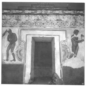 Caile Vipinas, reconstrução da pintura de parede etrusca na Tumba de Francois em Vulci de c.320-280 aC (pintura de parede) (ver também 212367, 212368, 214590) de Carlo Ruspi