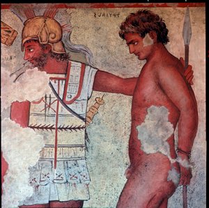 A civilização etrusca: "representação do sacrifício dos prisioneiros de Tróia em homenagem a Patroclus" reprodução por Carlo Ruspi (1786-1863) dos afrescos do século IV a.C. do Túmulo de François de Vulci. Florença, Museu Arqueológico de Carlo Ruspi