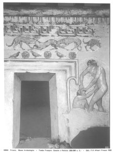 Marce Camitlnas e Cneve Tarchunies Rumach, reconstrução da pintura de parede etrusca na Tumba de François em Vulci de c.320-280 aC (pintura de parede) (ver também 212368, 214590, 214591)