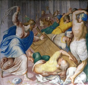 Jesus Cristo expulsa os mercadores aos portões do Templo. Fresco por Carlo Urbino. Milão, S. Maria della Passione. de Carlo Urbino