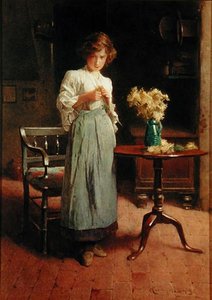 Garota em uma casa de campo por uma mesa e cadeira (aquarela sobre papel) de Carlton Alfred Smith