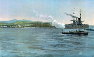 Navio-bandeira do almirante Sampson, o cruzador blindado dos Estados Unidos em Nova York, atirando em uma guarda costeira da cavalaria espanhola, perto de Cabanas, em 29 de abril de 1898