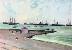 Embarcações espanholas capturadas na âncora no porto do homem-de-guerra, Key West .-- Vista da esplanada perto do quartel do exército dos Estados Unidos