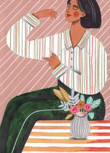 Mulher com camisa às riscas e calças verdes de Caroline Bonne Müller