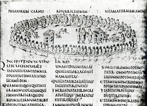 Ilustração de uma cena de um dos Salmos, do Utrecht Psalter, cópia do original de Reims agora na Biblioteca da Universidade de Utrecht (caneta e tinta)