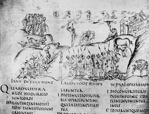 Ilustração de várias cenas de um dos Salmos, do Utrecht Psalter, cópia do original de Reims agora na Biblioteca da Universidade de Utrecht (caneta e tinta)