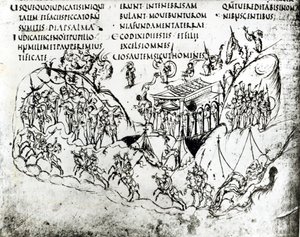 Várias cenas ilustrando um salmo, do Utrecht Psalter, cópia do original de Reims agora na Biblioteca da Universidade de Utrecht (caneta e tinta)