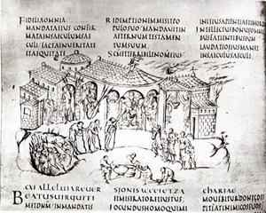 Várias cenas ilustrando um salmo, do Utrecht Psalter, cópia do original de Reims agora na Biblioteca da Universidade de Utrecht (caneta e tinta)