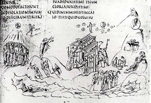 Várias cenas que ilustram um dos Salmos, do Utrecht Psalter, cópia do original de Reims agora na Biblioteca da Universidade de Utrecht (caneta e tinta)