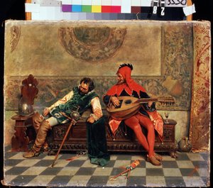 Guerreiro bêbado e bobo da corte. Pintura de Casimiro Tomba (1857-1929). Óleo sobre tela, 37 x 47 cm. Arte italiana do século XIX. Museu de Arte M. Kroshitsky, Sebastopol. de Casimiro Tomba