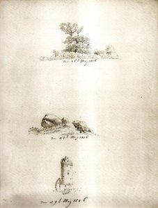 Árvore, carrinho de mão e torre de Caspar David Friedrich