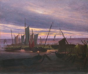 Barcos no porto à noite, c. 1828 de Caspar David Friedrich