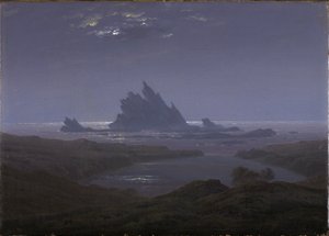 Recife rochoso na praia do mar de Caspar David Friedrich
