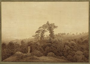 Paisagem costeira com uma cruz e uma estátua de Caspar David Friedrich