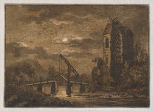 Paisagem com ponte levadiça e ruína ao luar de Caspar David Friedrich