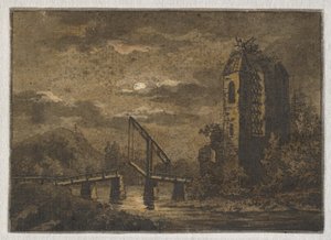 Paisagem com ponte levadiça e ruína ao luar de Caspar David Friedrich