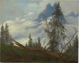 Pico de montanha com nuvens a passar de Caspar David Friedrich