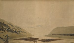 Paisagem montanhosa com rio de manhã, 183035 (wc e têmpera sobre papel transparente) (par para 265365) de Caspar David Friedrich