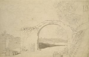 Paisagem do rio com um arco (inacabado) (lápis, caneta e wc no papel) de Caspar David Friedrich