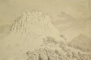 Colina rochosa com uma colina arborizada na frente (lápis, caneta e wc lavar no papel) de Caspar David Friedrich