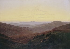 Montanhas gigantes - Antes do nascer do sol nas montanhas de Caspar David Friedrich
