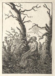 A mulher com a teia de aranha entre árvores nuas de Caspar David Friedrich