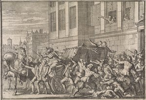 Ataque em Madrid na carruagem do Conde de Olivares, Gaspard de Gusmán, 1643 de Caspar Luyken (attributed to)
