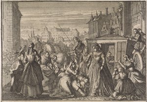 As mulheres ajoelham-se em Paris perante a Rainha Anna e imploram-lhe para baixar os impostos, 1645 de Caspar Luyken (attributed to)