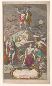 Atlas en Hercules dragen sternerhemel Título da página: Johann Baptista Homan, A New Atlas of the World Empires, Kingdoms and States mostrando tabelas geográficas exatas, 1710 de Caspar Luyken