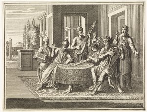 David está sentado à mesa e toca harpa de Caspar Luyken