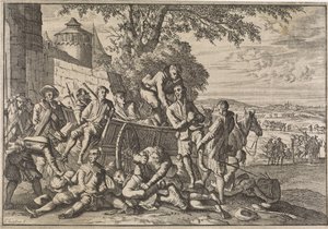 Soldados espanhóis são carregados em carroças e levados, 1641 de Caspar Luyken