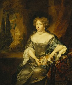 Retrato de uma senhora, sentada de três quartos, usando um vestido cinza de cetim, segurando uma cesta de flores diante de uma janela, uma estátua em um parque além, de Caspar Netscher