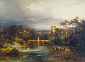Burg am Waldsee com barqueiros e ponte em arco. 1846 de Caspar Scheuren