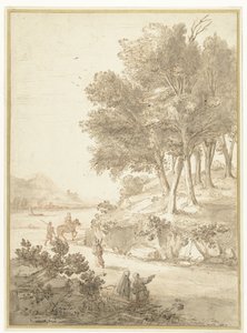 Paisagem italiana com figuras ao longo de uma estrada e um rio ao fundo de Caspar van Wittel