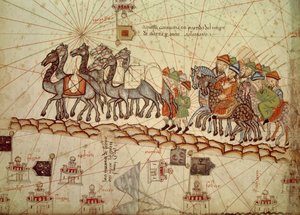 Detalhe de uma carta náutica catalã (portulan) representando a Ásia do século XIII, na qual se pode ver uma caravana a caminhar em direcção à Cathay (nome dado por Marco Polo para desenhar a região do norte da China): Rota da Seda, escolhida por Marco Polo