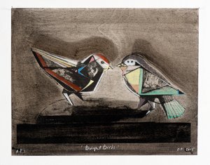Pássaros Brilhantes, 2014 (litografia mokulito com coloração manual) de Cathie Pilkington