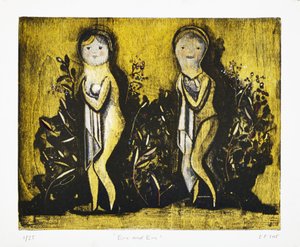 Eve e Eve, 2015 (litografia mokulito com coloração manual) de Cathie Pilkington