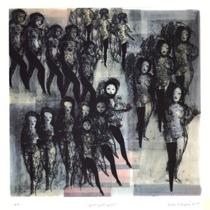 Raparigas, raparigas, raparigas, 2017 (litografia colorida à mão) de Cathie Pilkington