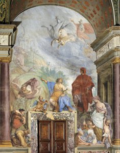 Lorenzo Magnífico falando com Prudence, afresco de Francesco Montelatici conhecido como Cecco Bravo (1607-1661), Museu da Prata, Palácio Pitti, Florença, Itália