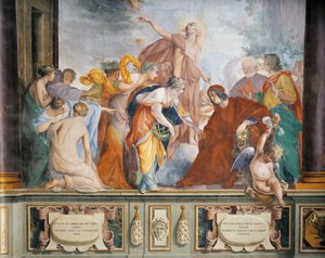 Lorenzo Acolhendo as Musas e as Virtudes Acompanhado por Apolo a Florença, por Francesco Montelatici conhecido como Cecco Bravo, fresco
