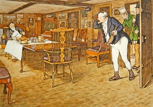 "À mesa sentou-se o Sr. Tupman, parecendo o mais diferente possível de um homem que se foi embora deste mundo de Cecil Charles Windsor Aldin