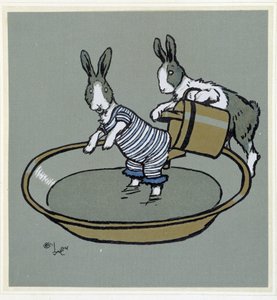 Rabbits prennant un bain - in "Merry Party", ill. by Cécil Aldin, ed. Hodder & Stoughton, London de Cecil Charles Windsor Aldin