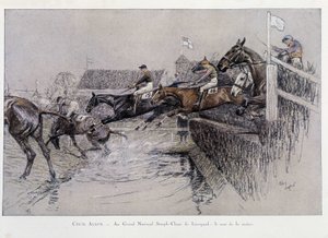 A Grande Perseguição Nacional de Estepe em Liverpool: The Jumping of the River - desenho de Cecil adlin de Cecil Charles Windsor Aldin