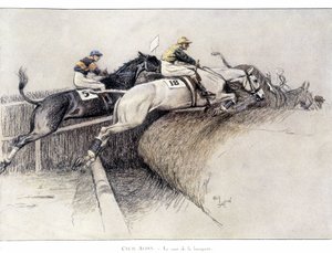 A perseguição ao Grand National Steeple em Liverpool: o salto do banco - desenho de Cecil adlin de Cecil Charles Windsor Aldin