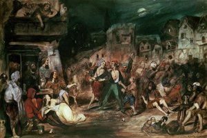 Gringoire na Corte dos Milagres, ilustração do capítulo VI de "O Corcunda de Notre Dame" de Victor Hugo (1802-85) 1835