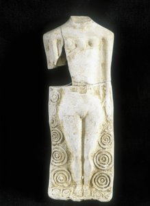 Mulher com três peitos. Estatueta feita pelo oleiro celta "Rextuguenos" assinatura e rouelles (só conhecido oleiro armoricano), para Laraire (lugar de oração numa villa romana)