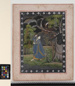 Abhisarika Nayika, c.1820 (pigmentos opacos e ouro sobre papel) de Central Indian School