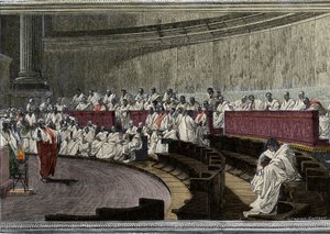 Ciceron denuncia o conspirador Catilina (Lucius Sergius Catilina) (108-62 AC) em 8 de Novembro 63 AC, A cena deroule em Roma no Senado, gravada após o fresco realizado entre 1882 e 1888 por Cesare Maccari (1840-1919). Roma Palazzo Madama. de Cesare (after) Maccari