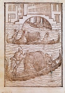 Gôndolas na lagoa de Veneza no século XV Gravura de "Degli abiti antichi e moderni" de Cesare Vecellio (1521-1601) 1590 Veneza Biblioteca Marciana de Cesare (after) Vecellio