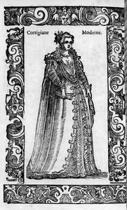 Renascença: uma cortesã romana do século XVI. Gravura de "Roupas Modernas e Antigas" de Cesare Vecellio de Cesare (attr. to) Vecellio